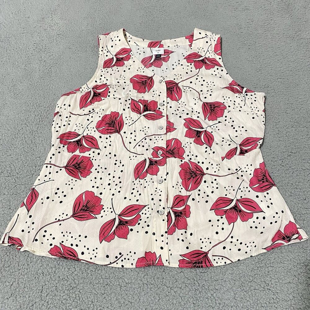 Cabi Fanfare Blouse Top Womens XL White Pink Floral Sleeveless Business Casual